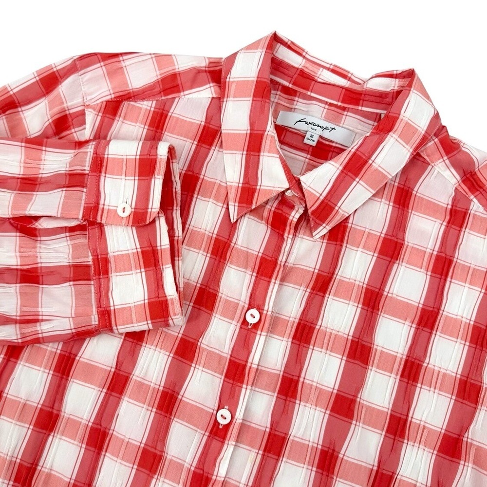 Foxcroft Womens 16 Shaped Button Down Shirt Gingham Plaid 3/4 Sleeve Blouse EUC